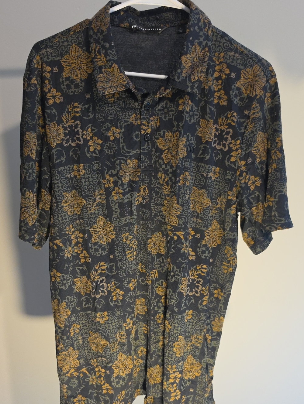 Travis Mathew Black/Gold/Green Polo with Floral Print XL